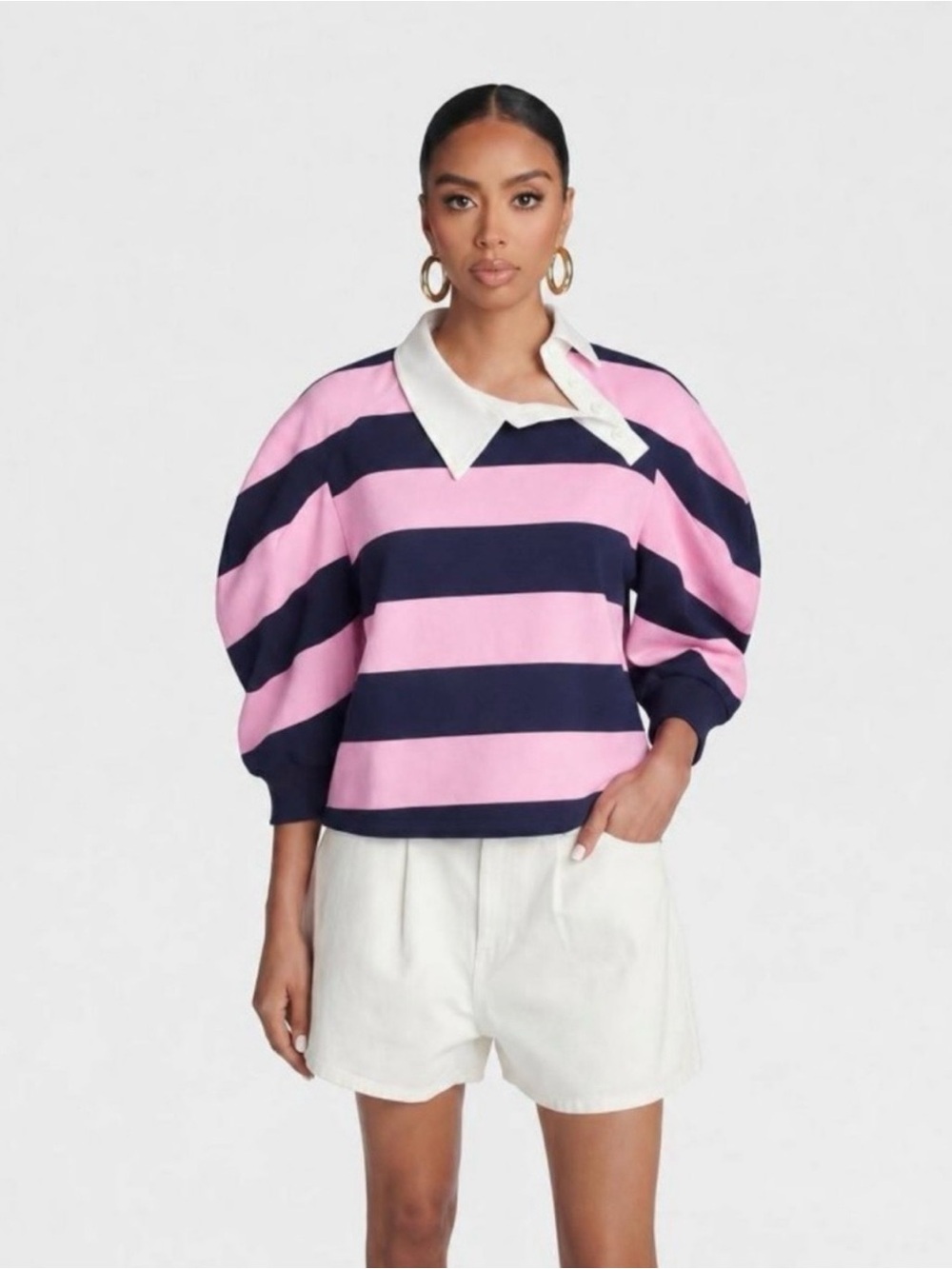 KBB by Kahlana Striped Puff-Sleeve Polo Top in Pink and Navy Sz XXL